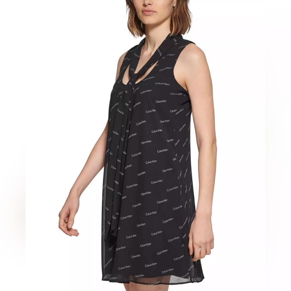 Calvin Klein Women's Logo Chiffon Tie Neck Shift Dress‎ Size:2 NWT - Picture 3 of 10